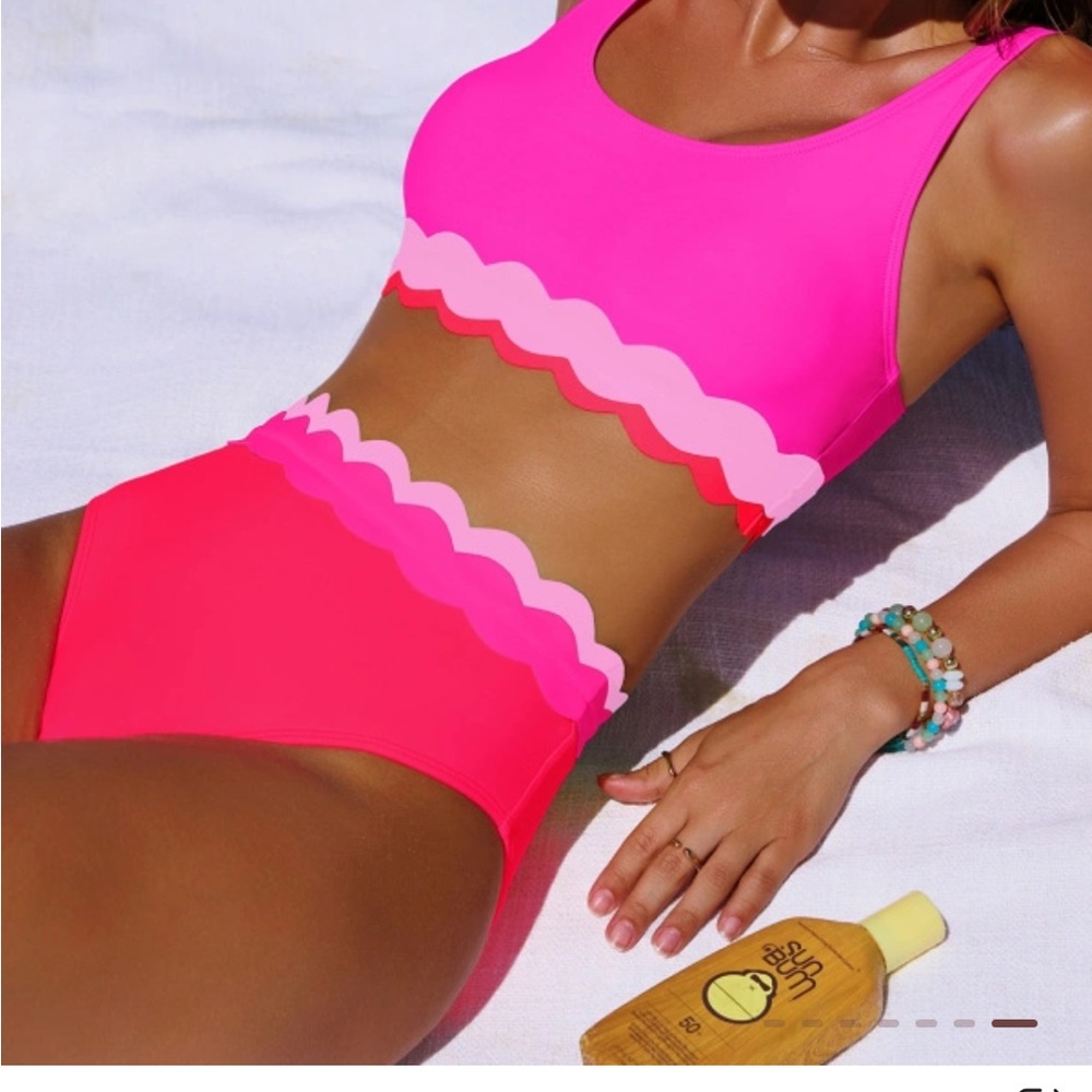 Popvil Scalloped High-Waist Two-Piece Bikini in Hot Pink & Coral size L - Picture 2 of 8